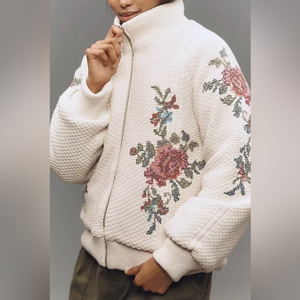 by Anthropologie Embroidered Bomber Sweater Jacket